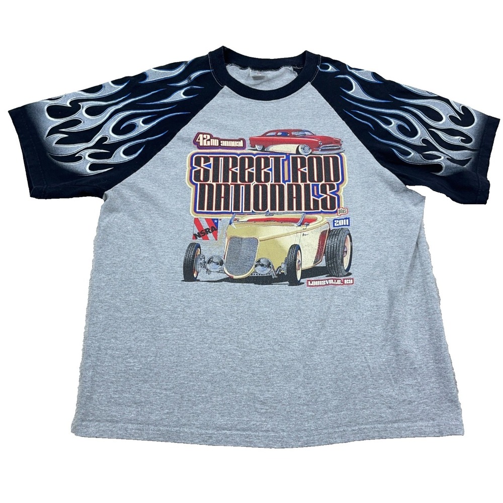 Vintage Hot Rod Shirt Men Large Large Gray Black Fire Flames 90s Made In USA Car
